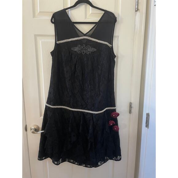 Unique Vintage Black Lace & Red Flowers Ruffle Flapper Dress 1920S Sz1X # 30 - Picture 7 of 10